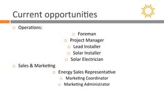 3 
Current 
opportuni5es 
¨ Opera5ons: 
¨ Foreman 
¨ Project 
Manager 
¨ Lead 
Installer 
¨ Solar 
Installer 
¨ Solar 
Electrician 
¨ Sales 
& 
Marke5ng 
¨ Energy 
Sales 
Representa5ve 
¨ Marke5ng 
Coordinator 
¨ Marke5ng 
Administrator 
 