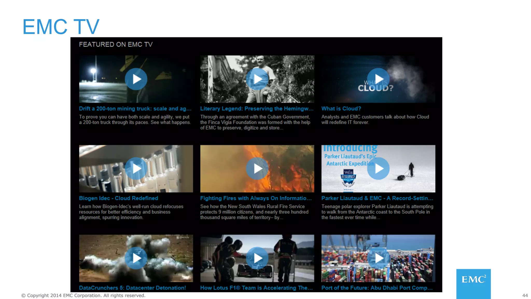 44© Copyright 2014 EMC Corporation. All rights reserved.© Copyright 2014 EMC Corporation. All rights reserved.
EMC TV
 