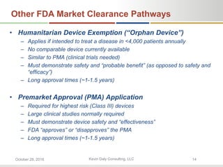 Kevin Daly Consulting, LLCOctober 28, 2016 14
Other FDA Market Clearance Pathways
• Humanitarian Device Exemption (“Orphan Device”)
– Applies if intended to treat a disease in <4,000 patients annually
– No comparable device currently available
– Similar to PMA (clinical trials needed)
– Must demonstrate safety and “probable benefit” (as opposed to safety and
“efficacy”)
– Long approval times (~1-1.5 years)
• Premarket Approval (PMA) Application
– Required for highest risk (Class III) devices
– Large clinical studies normally required
– Must demonstrate device safety and “effectiveness”
– FDA “approves” or “disapproves” the PMA
– Long approval times (~1-1.5 years)
 