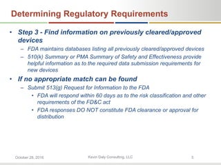 Kevin Daly Consulting, LLCOctober 28, 2016 5
Determining Regulatory Requirements
• Step 3 - Find information on previously cleared/approved
devices
– FDA maintains databases listing all previously cleared/approved devices
– 510(k) Summary or PMA Summary of Safety and Effectiveness provide
helpful information as to the required data submission requirements for
new devices
• If no appropriate match can be found
– Submit 513(g) Request for Information to the FDA
• FDA will respond within 60 days as to the risk classification and other
requirements of the FD&C act
• FDA responses DO NOT constitute FDA clearance or approval for
distribution
 