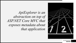 KEVINDOCKX
MARVIN
ApiExplorer is an
abstraction on top of
ASP.NET Core MVC that
exposes metadata about
that application
14
 