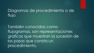 Diagramas de procedimiento o de
flujo
También conocidos como
flujogramas, son representaciones
graficas que muestran la sucesión de
los pasos que consta un
procedimiento.
 