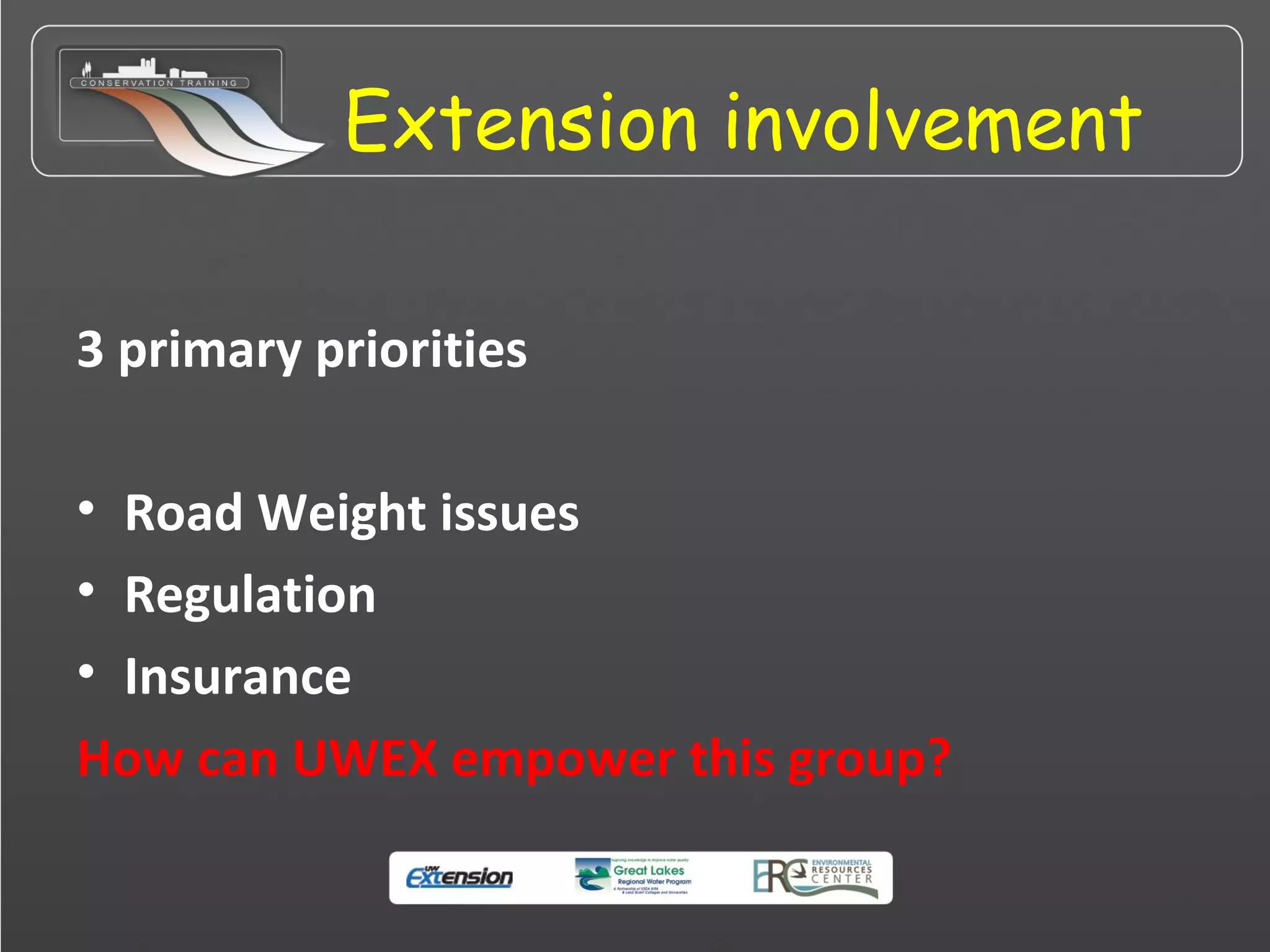 Extension involvement
3 primary priorities
• Road Weight issues
• Regulation
• Insurance
How can UWEX empower this group?
 