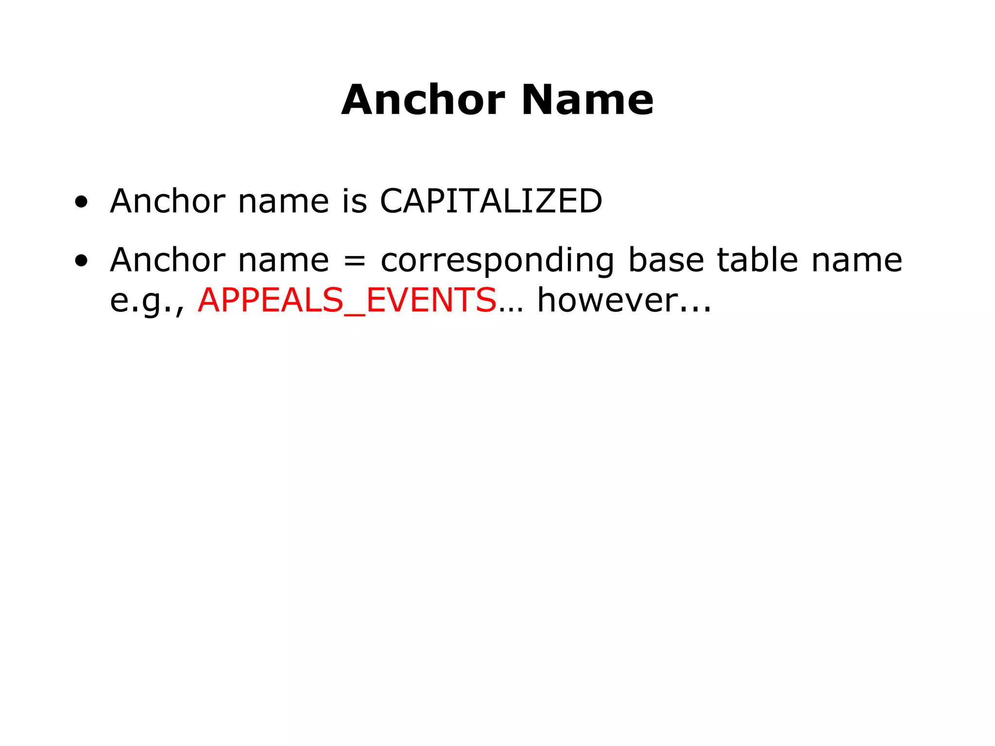 Anchor name is CAPITALIZED Anchor name = corresponding base table name e.g.,  APPEALS_EVENTS … however... Anchor Name 