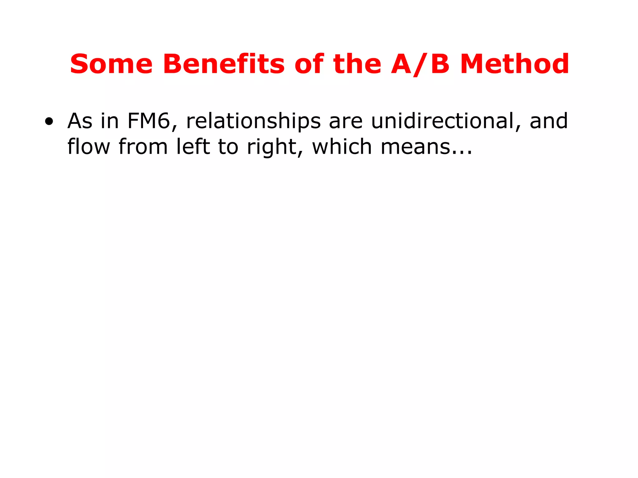 Some Benefits of the A/B Method As in FM6, relationships are unidirectional, and flow from left to right, which means... 