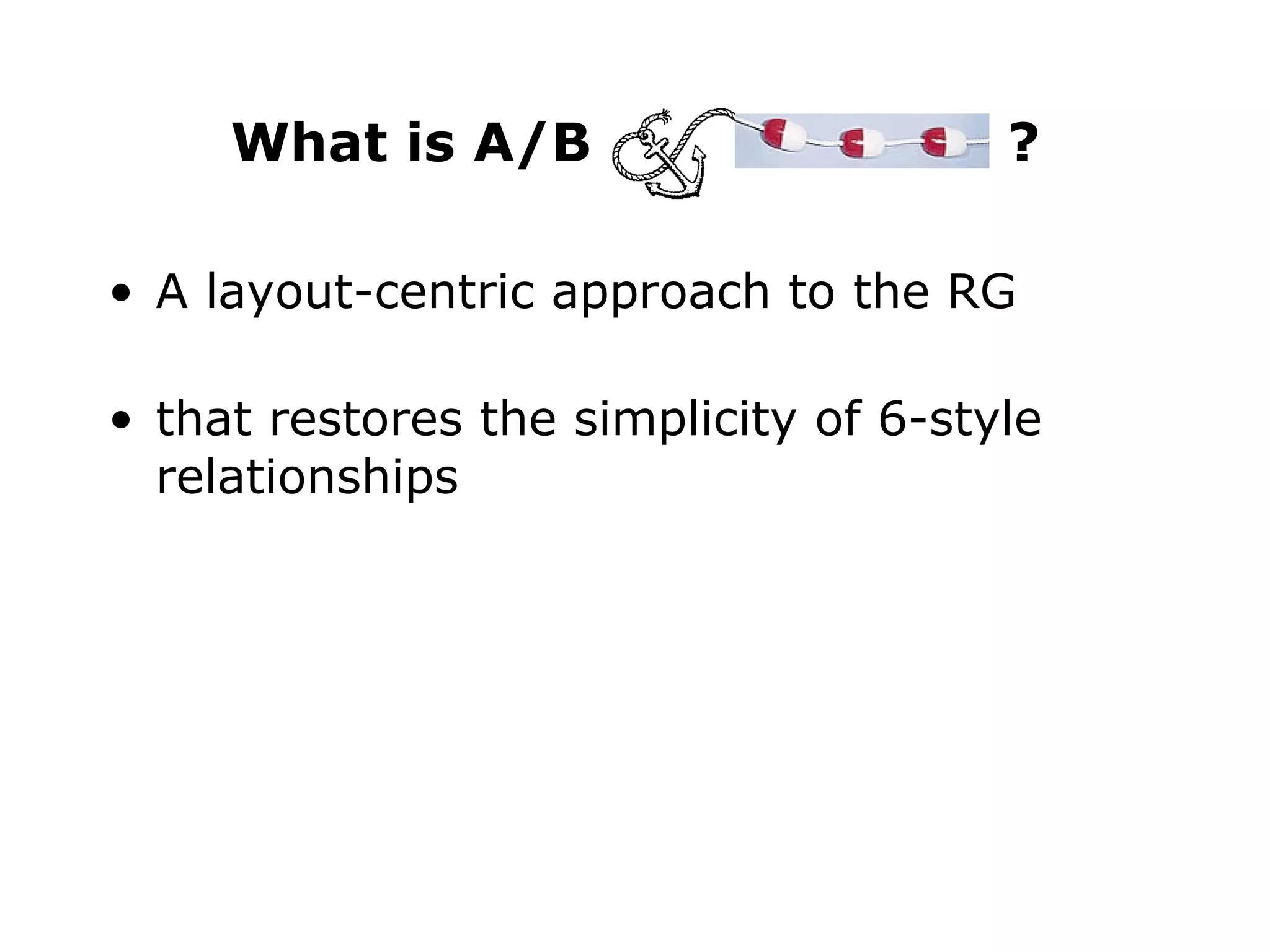 What is A/B  ? A layout-centric approach to the RG that restores the simplicity of 6-style relationships 
