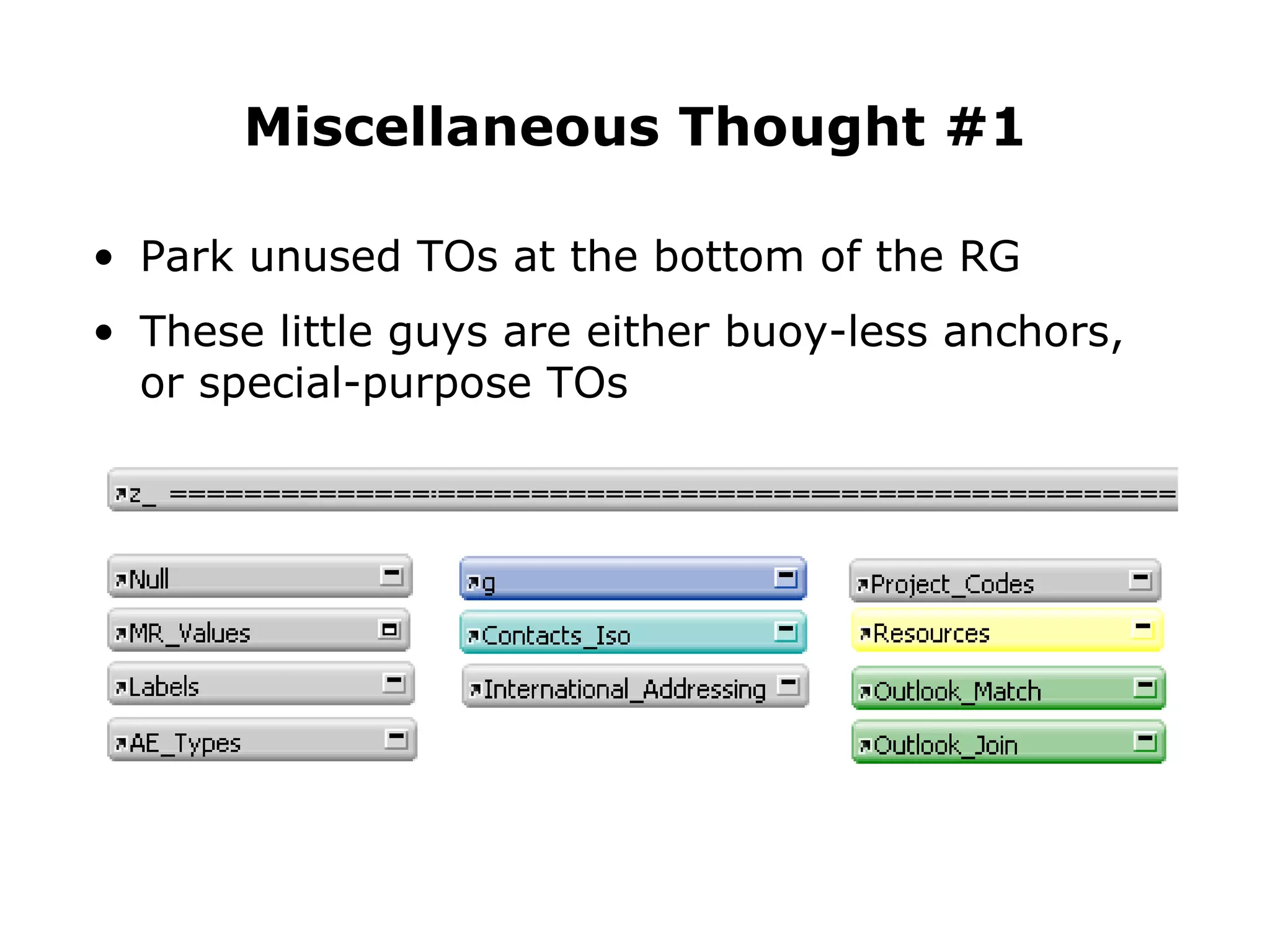Park unused TOs at the bottom of the RG These little guys are either buoy-less anchors, or special-purpose TOs  Miscellaneous Thought #1 