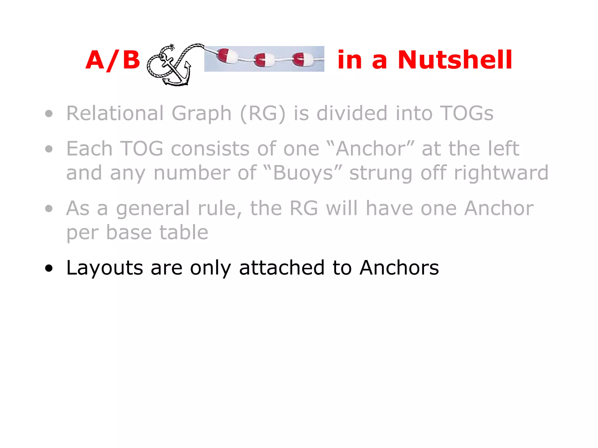 Relational Graph (RG) is divided into TOGs Each TOG consists of one “Anchor” at the left and any number of “Buoys” strung off rightward As a general rule, the RG will have one Anchor per base table Layouts are only attached to Anchors A/B  in a Nutshell 