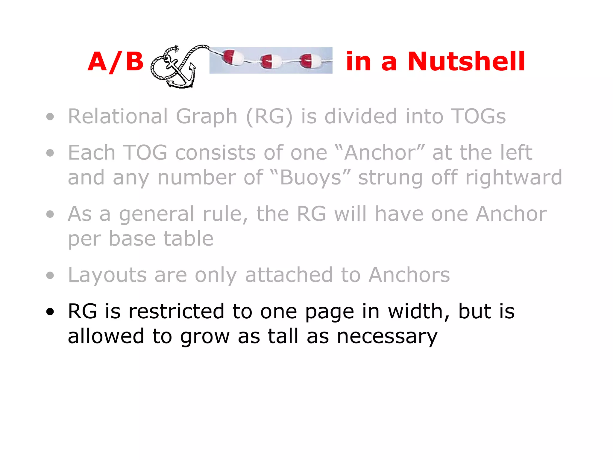 Relational Graph (RG) is divided into TOGs Each TOG consists of one “Anchor” at the left and any number of “Buoys” strung off rightward As a general rule, the RG will have one Anchor per base table Layouts are only attached to Anchors RG is restricted to one page in width, but is allowed to grow as tall as necessary A/B  in a Nutshell 
