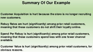 Summary Of Our Example
Customer Acquisition is hurt because the store is no longer recruiting
new customers.
Rebuy Rates are hurt (significantly) among prior retail customers,
meaning that these customers do not shift their loyalty online.
Spend Per Rebuy is hurt (significantly) among prior retail customers,
meaning that these customers spend less with one fewer channel
available.
Customer Value is hurt (significantly) among prior retail customers, for
obvious reasons.
 