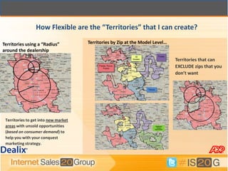 How Flexible are the “Territories” that I can create?

Territories using a “Radius”          Territories by Zip at the Model Level…
around the dealership
                                                                               Territories that can
                                                                               EXCLUDE zips that you
                                                                               don’t want




 Territories to get into new market
 areas with unsold opportunities
 (based on consumer demand) to
 help you with your conquest
 marketing strategy.
 