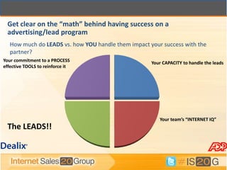 Get clear on the “math” behind having success on a
  advertising/lead program
   How much do LEADS vs. how YOU handle them impact your success with the
   partner?
Your commitment to a PROCESS                         Your CAPACITY to handle the leads
effective TOOLS to reinforce it




                                                        Your team’s “INTERNET IQ”
  The LEADS!!
 