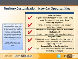 Territory Customization- New Car Opportunities
                                                         Territory Control:
                                        Target in-market shoppers based on sold by zip
                                              data. No more guessing on territory
                                                       Stair-Step Programs:
 "Precision Targeting allows me to          Target in-market shoppers based on your
eliminate unwanted market areas
 and direct my lead purchasing to                      Stair- Step Program
the exact vehicles I have highest in     Overstocked or Trying to Increase Allocation?
  inventory. Precision Targeting™
   was simple to implement. I am                           No Problem!
  now focusing my lead buy in the         Precision Targeting can help with both needs
 exact areas I want to and getting
 many more sales opportunities at                         Budget Control:
   no extra cost. It's a win win!"     It's your ad spend - you determine how many in-
  - Jaime Webber, Client Care             market shoppers you want per model in the
  Manager of Ray Catena Auto                          targeted zip code area
            Group
                                               Complete Marketing Penetration:
                                       Align Online Marketing to match your traditional
                                                       marketing campaigns
 