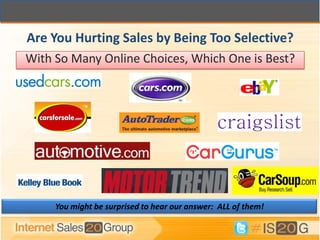 Are You Hurting Sales by Being Too Selective?
With So Many Online Choices, Which One is Best?




     You might be surprised to hear our answer: ALL of them!
 