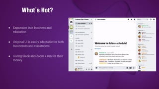 ● Expansion into business and
education
● Original UI is easily adaptable for both
businesses and classrooms
● Giving Slack and Zoom a run for their
money
What’s Hot?
 