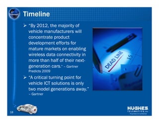 Timeline
      “By 2012, the majority of
      vehicle manufacturers will
      concentrate product
      development efforts for
      mature markets on enabling
      wireless data connectivity in
      more than half of their next-
      generation cars.” – Gartner
      Predicts 2009
      “A critical turning point for
      vehicle ICT solutions is only
      two model generations away.”
      – Gartner



18                                    Proprietary & Confidential
 