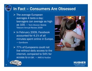 In Fact – Consumers Are Obsessed
     The average European
     averages 4 texts a day;
     teenagers can average as high
     as 100. – Tomi Ahonen Mobile
     Telecom Annual Review 2009

     In February 2009, Facebook
     accounted for 4.1% of all
     minutes spent online in Europe.
     – ComScore
     77% of Europeans could not
     live without daily access to the
     internet, compared to 54% for
     access to a car. – AMD & YouGov

9                                       Proprietary & Confidential
 