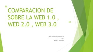 “
”
COMPARACION DE
SOBRE LA WEB 1.0 ,
WED 2.0 , WEB 3.0
KEVIN JAVIER SEPULVEDA MEJIA
10-1
TECNICA EN SISTEMA
 