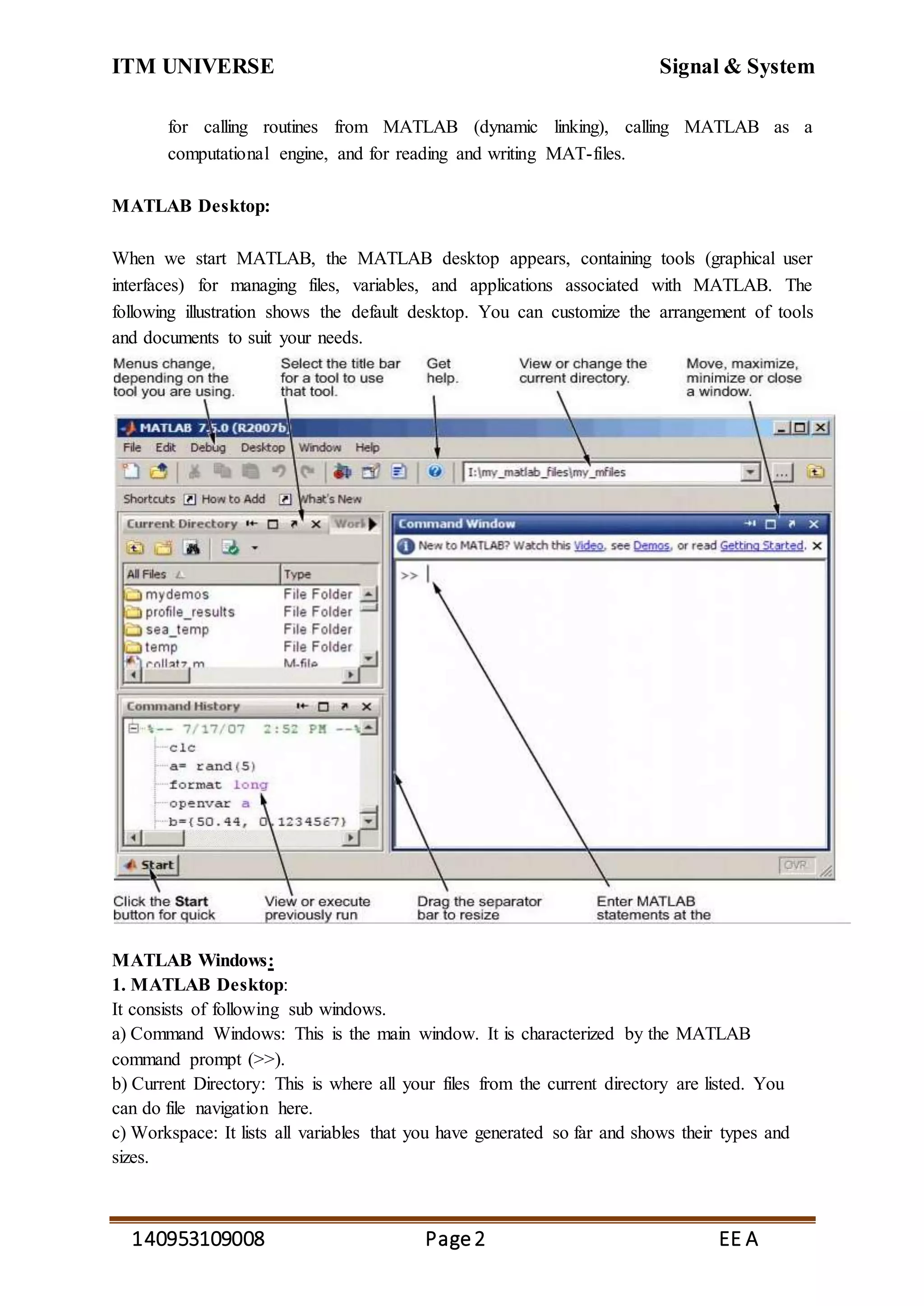 ITM UNIVERSE Signal & System
140953109008 Page2 EE A
for calling routines from MATLAB (dynamic linking), calling MATLAB as a
computational engine, and for reading and writing MAT-files.
MATLAB Desktop:
When we start MATLAB, the MATLAB desktop appears, containing tools (graphical user
interfaces) for managing files, variables, and applications associated with MATLAB. The
following illustration shows the default desktop. You can customize the arrangement of tools
and documents to suit your needs.
MATLAB Windows:
1. MATLAB Desktop:
It consists of following sub windows.
a) Command Windows: This is the main window. It is characterized by the MATLAB
command prompt (>>).
b) Current Directory: This is where all your files from the current directory are listed. You
can do file navigation here.
c) Workspace: It lists all variables that you have generated so far and shows their types and
sizes.
 