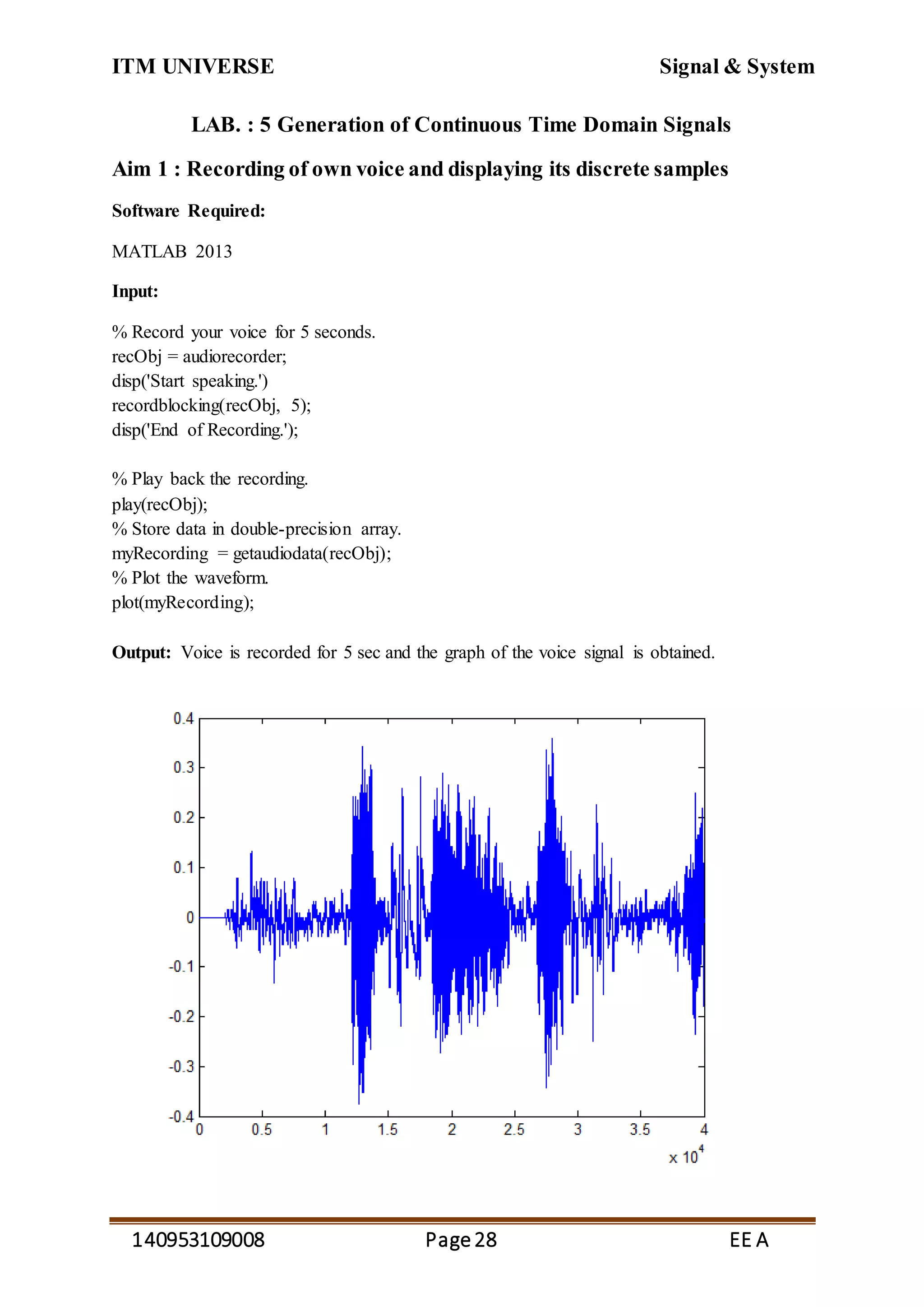 ITM UNIVERSE Signal & System
140953109008 Page28 EE A
LAB. : 5 Generation of Continuous Time Domain Signals
Aim 1 : Recording of own voice and displaying its discrete samples
Software Required:
MATLAB 2013
Input:
% Record your voice for 5 seconds.
recObj = audiorecorder;
disp('Start speaking.')
recordblocking(recObj, 5);
disp('End of Recording.');
% Play back the recording.
play(recObj);
% Store data in double-precision array.
myRecording = getaudiodata(recObj);
% Plot the waveform.
plot(myRecording);
Output: Voice is recorded for 5 sec and the graph of the voice signal is obtained.
 
