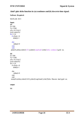 ITM UNIVERSE Signal & System
140953109008 Page18 EE A
Aim5 :plot delta function in (a) continuos and (b) descrete time signal.
Software Required:
MATLAB 2013
Input:
(a)
Fs=200
Ts=1/200
nTs=-0.2:Ts:0.2
[a,b]=size(nTs)
for i=1:b
if nTs(i)==0
delta(i)=1
else
delta(i)=0
end;
end;
plot(nTs,delta);xlabel('nTs');ylabel('amplitude');title('delta continous');grid on;
(b)
Fs=200
Ts=1/200
nTs=-0.2:Ts:0.2
[a,b]=size(nTs)
for i=1:b
if nTs(i)==0
delta(i)=1
else
delta(i)=0
end;
end;
stem(nTs,delta);xlabel('nTs');ylabel('amplitude');title('Delta Discrete time');grid on;
output
(a)
 
