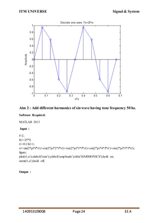 ITM UNIVERSE Signal & System
140953109008 Page24 EE A
Aim 2 : Add different harmonics of sin wave having tone frequency 50 hz.
Software Required:
MATLAB 2013
Input :
f=2;
fs1=25*f;
t1=0:1/fs1:1;
s1=sin(2*pi*f*t1)+sin(2*pi*2*f*t1)+sin(2*pi*3*f*t1)+sin(2*pi*4*f*t1)+sin(2*pi*5*f*t1);
figure;
plot(t1,s1);xlabel('time');ylabel('amplitude');title('HARMONICS');hold on;
stem(t1,s1);hold off;
Output :
 