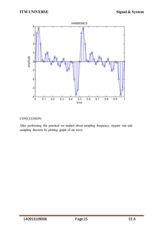 ITM UNIVERSE Signal & System
140953109008 Page25 EE A
CONCLUSION:
After performing this practical we studied about sampling frequency, nyquist rate and
sampling theorem by plotting graph of sin wave.
 