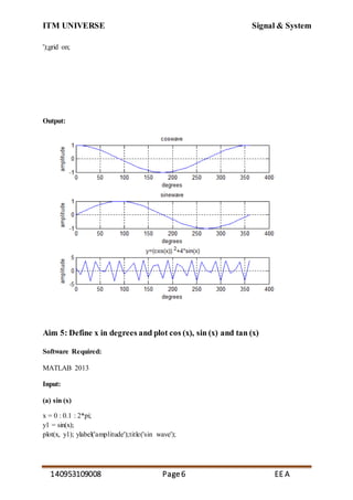 ITM UNIVERSE Signal & System
140953109008 Page6 EE A
');grid on;
Output:
Aim 5: Define x in degrees and plot cos (x), sin (x) and tan (x)
Software Required:
MATLAB 2013
Input:
(a) sin (x)
x = 0 : 0.1 : 2*pi;
y1 = sin(x);
plot(x, y1); ylabel('amplitude');title('sin wave');
 