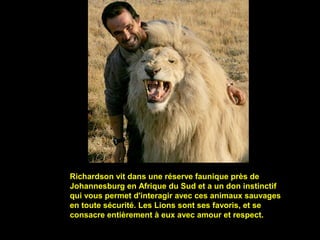 Richardson vit dans une réserve faunique près de
Johannesburg en Afrique du Sud et a un don instinctif
qui vous permet d'interagir avec ces animaux sauvages
en toute sécurité. Les Lions sont ses favoris, et se
consacre entièrement à eux avec amour et respect.
 