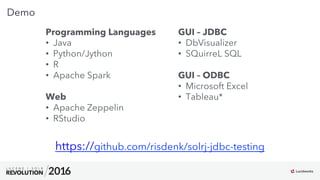 11
01
Demo
Programming Languages
•  Java
•  Python/Jython
•  R
•  Apache Spark
Web
•  Apache Zeppelin
•  RStudio
GUI – JDBC
•  DbVisualizer
•  SQuirreL SQL
GUI – ODBC
•  Microsoft Excel
•  Tableau*
https://github.com/risdenk/solrj-jdbc-testing
 