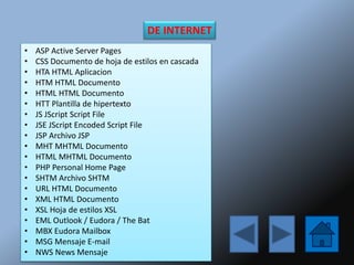 DE INTERNET
• ASP Active Server Pages
• CSS Documento de hoja de estilos en cascada
• HTA HTML Aplicacion
• HTM HTML Documento
• HTML HTML Documento
• HTT Plantilla de hipertexto
• JS JScript Script File
• JSE JScript Encoded Script File
• JSP Archivo JSP
• MHT MHTML Documento
• HTML MHTML Documento
• PHP Personal Home Page
• SHTM Archivo SHTM
• URL HTML Documento
• XML HTML Documento
• XSL Hoja de estilos XSL
• EML Outlook / Eudora / The Bat
• MBX Eudora Mailbox
• MSG Mensaje E-mail
• NWS News Mensaje
 