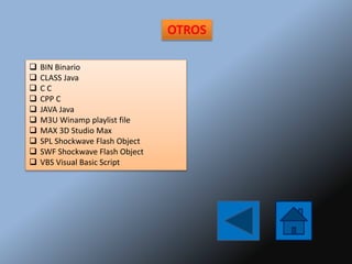 OTROS
 BIN Binario
 CLASS Java
 C C
 CPP C
 JAVA Java
 M3U Winamp playlist file
 MAX 3D Studio Max
 SPL Shockwave Flash Object
 SWF Shockwave Flash Object
 VBS Visual Basic Script
 