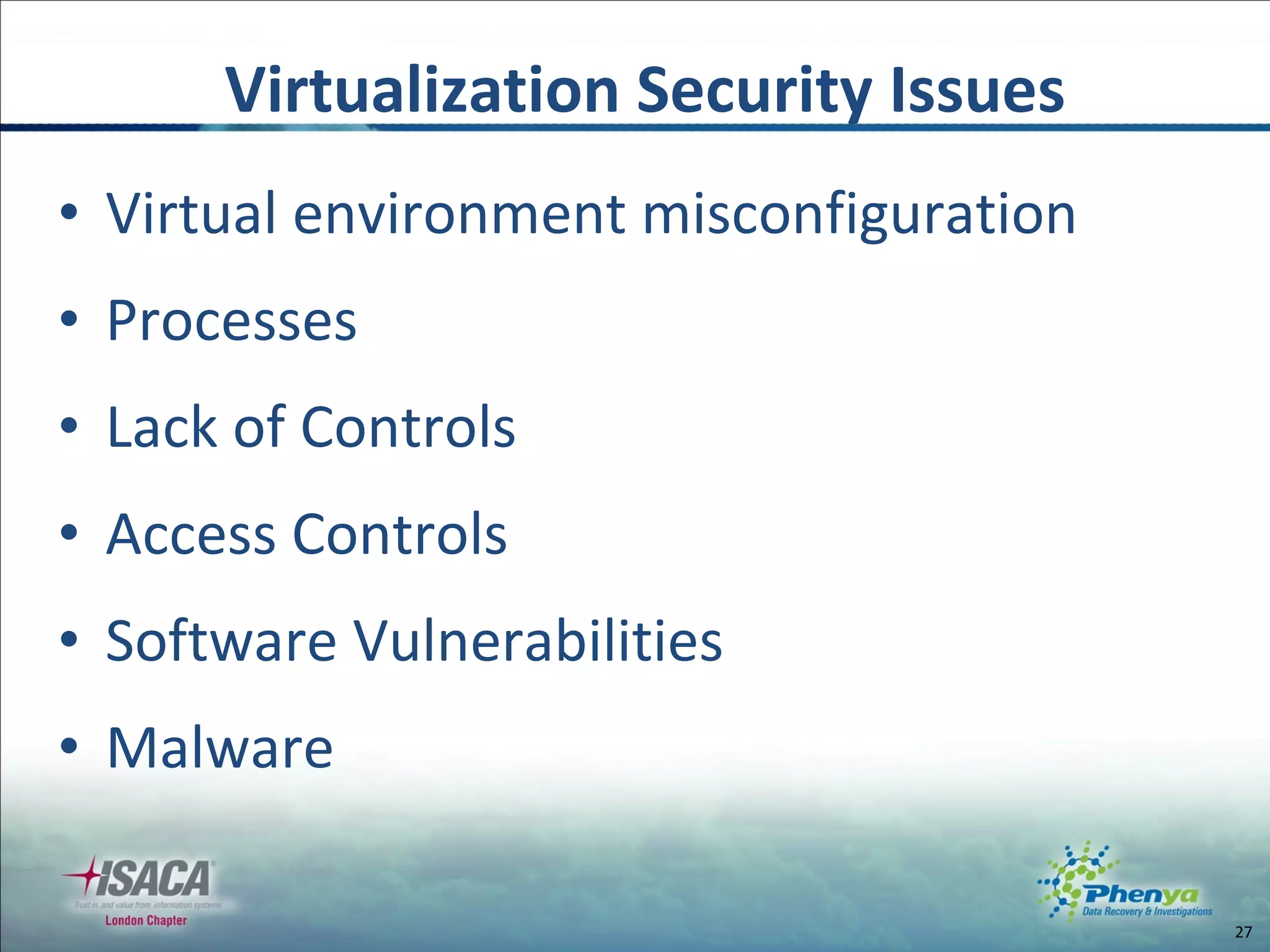 Virtual environment misconfiguration Processes  Lack of Controls Access Controls Software Vulnerabilities Malware Virtualization Security Issues 