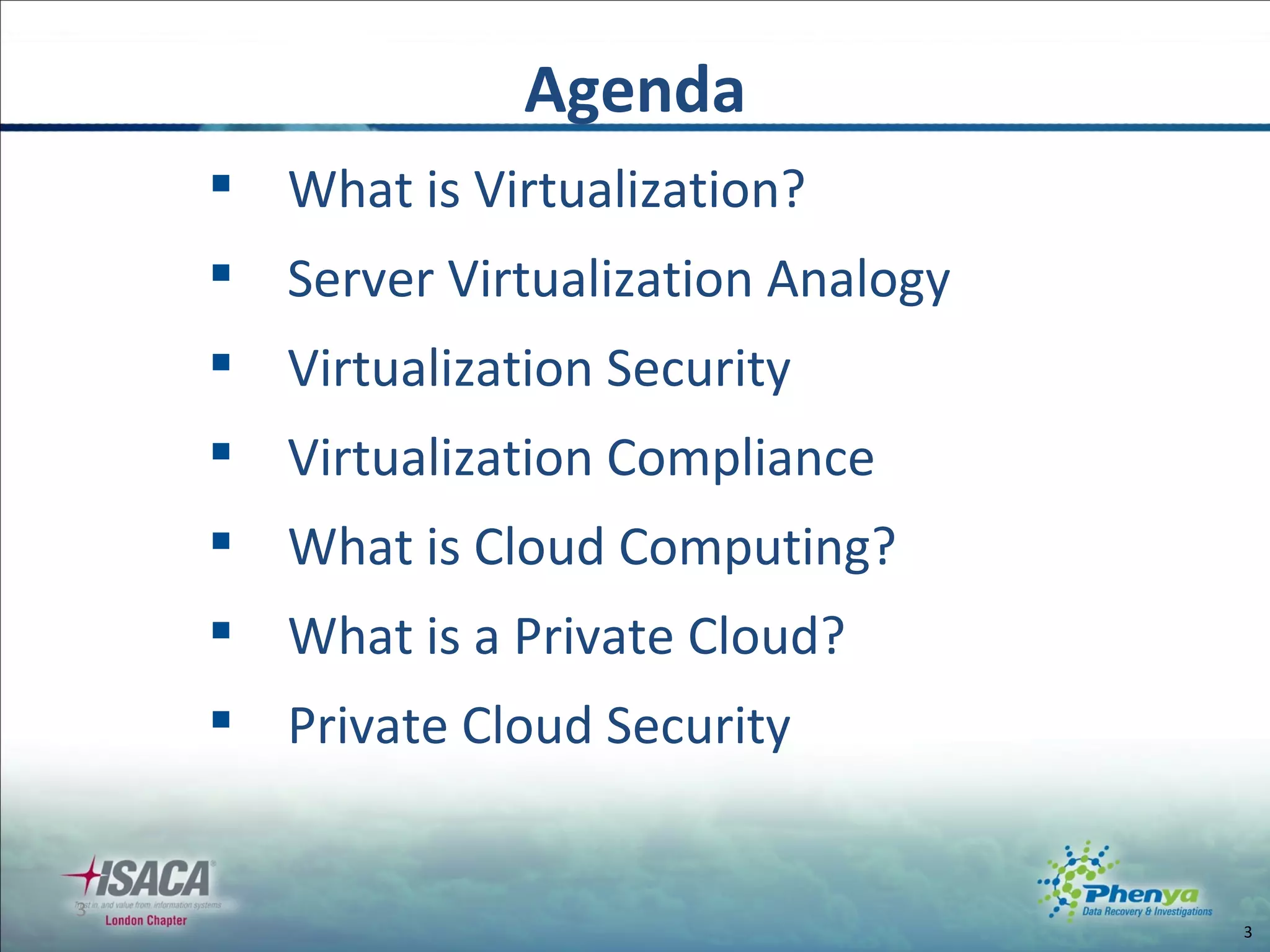 What is Virtualization? Server Virtualization Analogy Virtualization Security Virtualization Compliance What is Cloud Computing? What is a Private Cloud? Private Cloud Security Agenda 