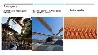 Aerospace
Aircraft cabin flooring and
interiors
Landing gear doors,Wing boxes
and control surfaces
Engine nacelles
 