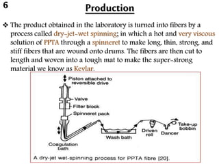 Production
 The product obtained in the laboratory is turned into fibers by a
process called dry-jet-wet spinning; in which a hot and very viscous
solution of PPTA through a spinneret to make long, thin, strong, and
stiff fibers that are wound onto drums. The fibers are then cut to
length and woven into a tough mat to make the super-strong
material we know as Kevlar.
6
 