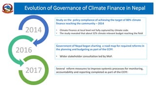 Evolution of Governance of Climate Finance in Nepal
2014
2016
2017
Study on the policy compliance of achieving the target of 80% climate
finance reaching the community – 2014
• Climate Finance at local level not fully captured by climate code.
• The study revealed that about 52% climate relevant budget reaching the field
Government of Nepal began charting a road map for required reforms in
the planning and budgeting as part of the CCFF.
• Wider stakeholder consultation led by MoF.
Several reform measures to improve systemic processes for monitoring,
accountability and reporting completed as part of the CCFF:
 