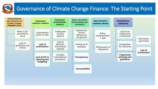 Governance of Climate Change Finance: The Starting Point
UNDERSTANDING
AND DEFINITION OF
CLIMATE CHANGE
FINANCE (CCF)
What is CCF
and what to
count
Lack of
guidelines and
criteria
INADEQUATE
DOMESTIC FINANCES
Understandin
g the CC risks
Lack of
prioritization
Lack of CCF in
planning and
budgeting
INADEQUATE
INTERNATIONAL
FINANCES
Inadequate
country
systems
Lack of
domestic
institutional
capacity
Complex
international
procedures
VALUE FOR MONEY
(EFFECTIVENESS AND
EFFICIENCY)
Capacity for
service
delivery on
the ground
Scaling up of
initiatives
Transparency
Accountability
INSUFFICIENTLY
DEMAND DRIVEN
Policy-
implementatio
n gap
Politicization of
allocations
FRAGMENTED
FINANCING
Lack of an
institutional
architecture
Competition
for resources
Fragmented
planning and
guidelines
Lack of
coordination
Information
asymmetry
 