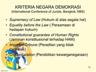 KRITERIA NEGARA DEMOKRASI
   (International Conference of Jurists, Bangkok,1965)

• Supremacy of Law (Hukum di atas segala hal)
• Equality before the Law ( Persamaan di
  hadapan hukum)
• Constitutional guarantee of Human Rights
  (Jaminan konstitusional terhadap HAM)
• Impartial Tribune (Peradilan yang tidak
  memihak)
• Civic education (Pendidikan kewarganegaraan)


                                                         14
 