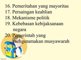 16. Pemeritahan yang mayoritas
17. Persaingan keahlian
18. Mekanisme politik
19. Kebebasan kebijaksanaan
    negara
20. Pemerintah yang
    mengutamakan musyawarah
 
