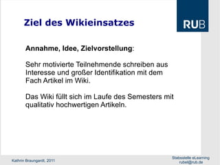 Ziel des Wikieinsatzes Annahme, Idee, Zielvorstellung :  Sehr motivierte Teilnehmende schreiben aus  Interesse und großer Identifikation mit dem  Fach Artikel im Wiki. Das Wiki füllt sich im Laufe des Semesters mit  qualitativ hochwertigen Artikeln. 