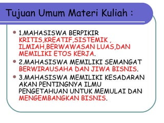 Tujuan Umum Materi Kuliah :
 1.MAHASISWA BERPIKIR
KRITIS,KREATIF,SISTEMIK ,
ILMIAH,BERWAWASAN LUAS,DAN
MEMILIKI ETOS KERJA.
 2.MAHASISWA MEMILIKI SEMANGAT
BERWIRAUSAHA DAN JIWA BISNIS.
 3.MAHASISWA MEMILIKI KESADARAN
AKAN PENTINGNYA ILMU
PENGETAHUAN UNTUK MEMULAI DAN
MENGEMBANGKAN BISNIS.
 