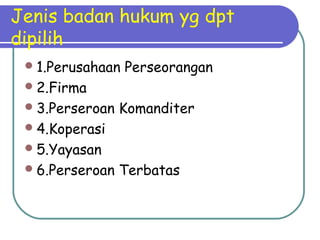 Jenis badan hukum yg dpt
dipilih
1.Perusahaan Perseorangan
2.Firma
3.Perseroan Komanditer
4.Koperasi
5.Yayasan
6.Perseroan Terbatas
 