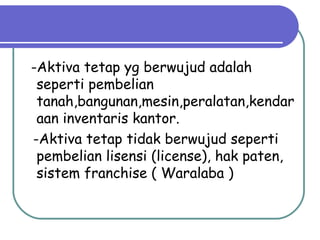 -Aktiva tetap yg berwujud adalah
seperti pembelian
tanah,bangunan,mesin,peralatan,kendar
aan inventaris kantor.
-Aktiva tetap tidak berwujud seperti
pembelian lisensi (license), hak paten,
sistem franchise ( Waralaba )
 