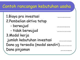 Contoh rancangan kebutuhan usaha
1.Biaya pra investasi …………….
2.Pembelian aktiva tetap
- berwujud …………….
- tidak berwujud ……………..
3.Modal kerja
jumlah kebutuhan investasi …………...
Dana yg tersedia (modal sendiri)……………
Dana pinjaman ………..…
 