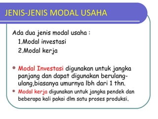 JENIS-JENIS MODAL USAHA
Ada dua jenis modal usaha :
1.Modal investasi
2.Modal kerja
 Modal Investasi digunakan untuk jangka
panjang dan dapat digunakan berulang-
ulang,biasanya umurnya lbh dari 1 thn.
 Modal kerja digunakan untuk jangka pendek dan
beberapa kali pakai dlm satu proses produksi.
 