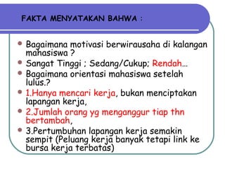  Bagaimana motivasi berwirausaha di kalangan
mahasiswa ?
 Sangat Tinggi ; Sedang/Cukup; Rendah…
 Bagaimana orientasi mahasiswa setelah
lulus.?
 1.Hanya mencari kerja, bukan menciptakan
lapangan kerja,
 2.Jumlah orang yg menganggur tiap thn
bertambah,
 3.Pertumbuhan lapangan kerja semakin
sempit (Peluang kerja banyak tetapi link ke
bursa kerja terbatas)
FAKTA MENYATAKAN BAHWA :
 