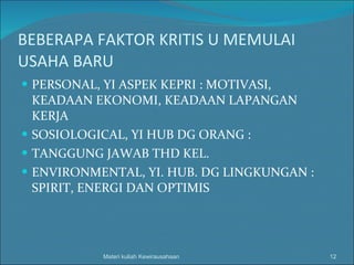 BEBERAPA FAKTOR KRITIS U MEMULAI USAHA BARU PERSONAL, YI ASPEK KEPRI : MOTIVASI, KEADAAN EKONOMI, KEADAAN LAPANGAN KERJA SOSIOLOGICAL, YI HUB DG ORANG : TANGGUNG JAWAB THD KEL. ENVIRONMENTAL, YI. HUB. DG LINGKUNGAN : SPIRIT, ENERGI DAN OPTIMIS Materi kuliah Kewirausahaan 