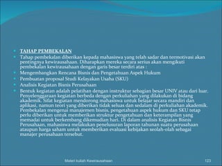 TAHAP PEMBEKALAN Tahap pembekalan diberikan kepada mahasiswa yang telah sadar dan termotivasi akan pentingnya kewirausahaan. Diharapkan mereka secara serius akan mengikuti pembekalan kewirausahaan dengan garis besar terdiri atas : Mengembangkan Rencana Bisnis dan Pengetahuan Aspek Hukum Pembuatan proposal Studi Kelayakan Usaha (SKU) Analisis Kegiatan Bisnis Perusahaan Bentuk kegiatan adalah pelatihan dengan instruktur sebagian besar UNIV atau dari luar. Penyelenggaraan kegiatan berbeda dengan perkuliahan yang dilakukan di bidang akademik. Sifat kegiatan mendorong mahasiswa untuk belajar secara mandiri dan aplikasi, namun teori yang diberikan tidak seluas dan sedalam di perkuliahan akademik. Pembekalan mengenai manajemen bisnis, pengetahuan aspek hukum dan SKU tetap perlu diberikan untuk memberikan struktur pengetahuan dan keterampilan yang memadai untuk berkembang dikemudian hari. Di dalam analisis Kegiatan Bisnis Perusahaan, mahasiswa melakukan penelusuran laporan tahunan suatu perusahaan ataupun harga saham untuk memberikan evaluasi kebijakan seolah-olah sebagai manajer perusahaan tersebut. Materi kuliah Kewirausahaan 