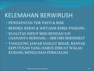 KELEMAHAN BERWIRUSH PENDAPATAN TDK PASTI & RISK BEKERJA KERAS & WKT/JAM KERJA PANJANG KUALITAS HIDUP MSH RENDAH S/D USAHANYA BERHASIL---SBB HRS BERHEMAT TANGGUNG JAWAB SANGAT BESAR, BANYAK KEPUTUSAN YANG HARUS DIBUAT WALAU KURANG MENGUASAI PERSOALAN Materi kuliah Kewirausahaan 